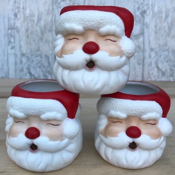Ceramic Hallmark Rednose Jolly Santa Head Votive Holder- set of 3 - Picture 1 of 12